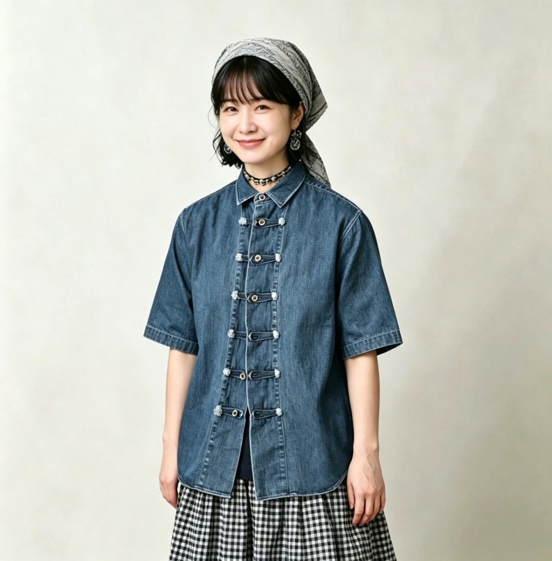 短袖45R牛仔打结衬衫
